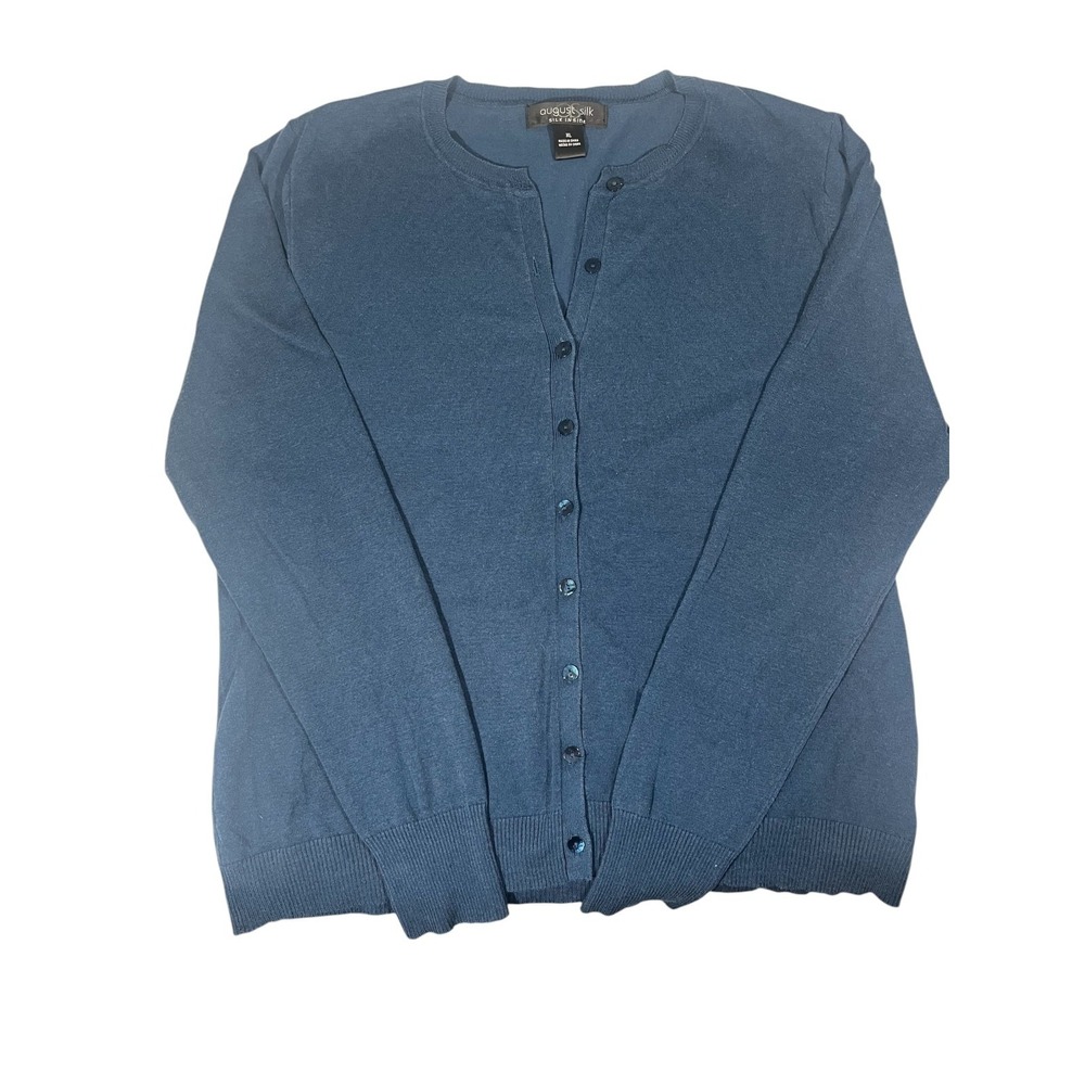 August Silk Women's Cardigan Sweater XL Blue Silk Blend Button Front Long Sleeve